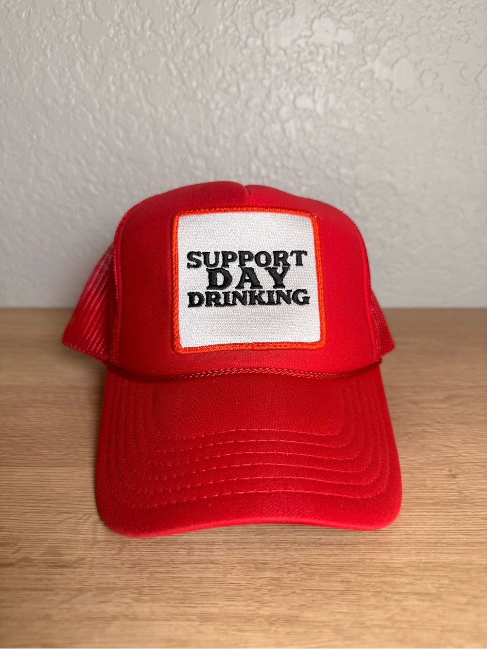 Red 'Support Day Drinking' Mesh Trucker Hat
